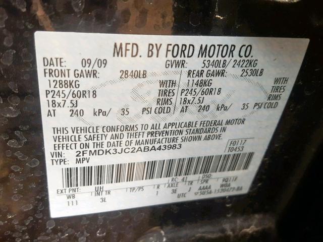 2FMDK3JC2ABA43983 - 2010 FORD EDGE SEL BLACK photo 10