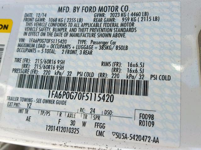 1FA6P0G70F5115420 - 2015 FORD FUSION S WHITE photo 10