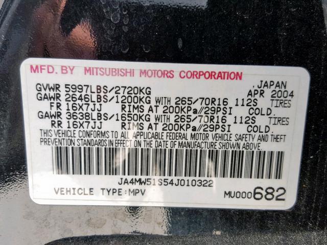 JA4MW51S54J010322 - 2004 MITSUBISHI MONTERO LI BLACK photo 10