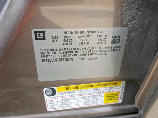 1G1ZB5E07CF103546 - 2012 CHEVROLET MALIBU LS CHARCOAL photo 10