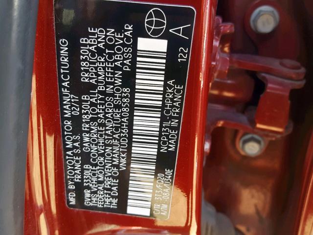 VNKKTUD36HA085838 - 2017 TOYOTA YARIS L RED photo 10