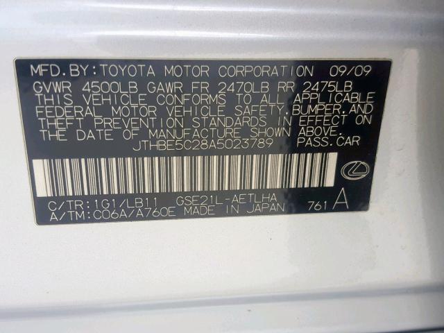 JTHBE5C28A5023789 - 2010 LEXUS IS 350 SILVER photo 10