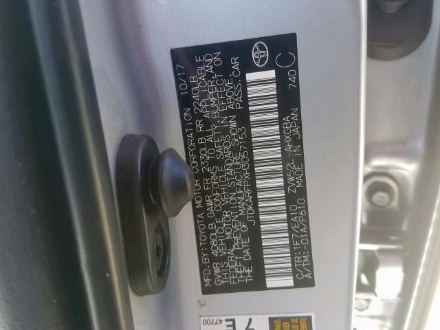 JTDKARFPXH3057153 - 2017 TOYOTA PRIUS PRIM 银色 照片 10