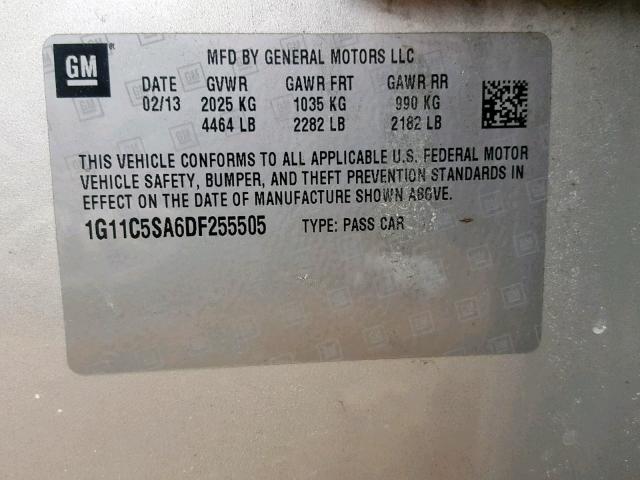 1G11C5SA6DF255505 - 2013 CHEVROLET MALIBU 1LT ნაცრისფერი ფოტო 10