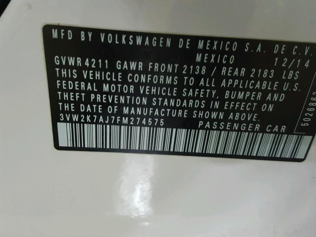 3VW2K7AJ7FM274575 - 2015 VOLKSWAGEN JETTA BASE WHITE photo 10