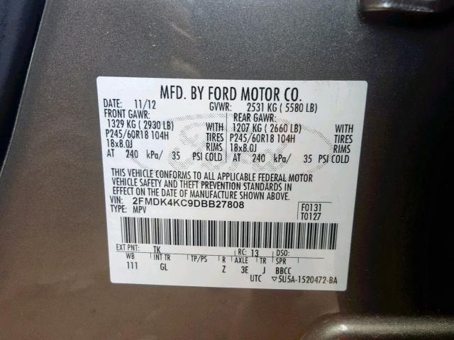 2FMDK4KC9DBB27808 - 2013 FORD EDGE LIMIT BROWN photo 10