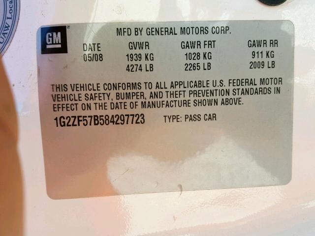 1G2ZF57B584297723 - 2008 PONTIAC G6 VALUE L WHITE photo 10