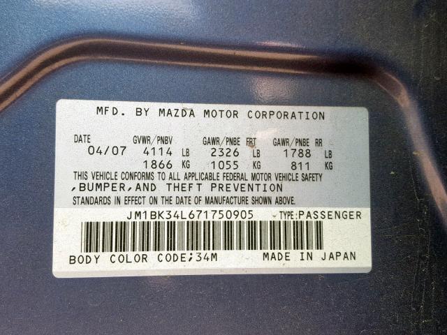 JM1BK34L671750905 - 2007 MAZDA SPEED 3 BLUE photo 10