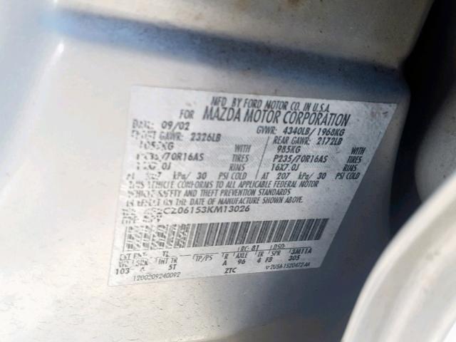 4F2CZ06153KM13026 - 2003 MAZDA TRIBUTE ES 银色 照片 10