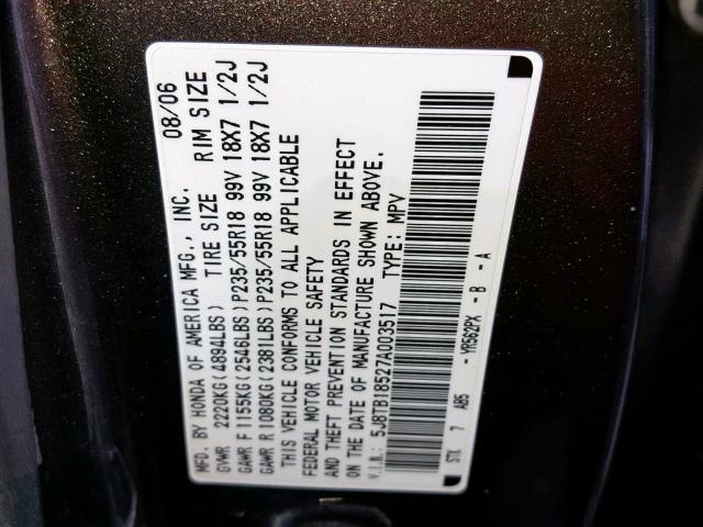 5J8TB18527A003517 - 2007 ACURA RDX TECHNO GRAY photo 10