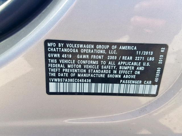 1VWBS7A38EC045436 - 2014 VOLKSWAGEN PASSAT SE SILVER photo 10