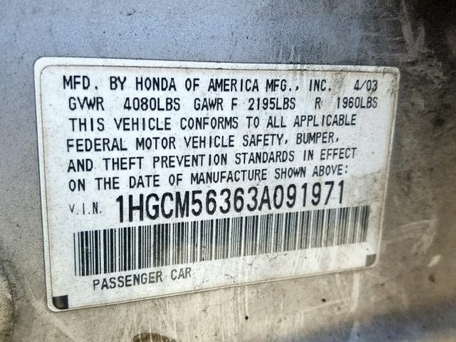 1HGCM56363A091971 - 2003 HONDA ACCORD LX SILVER photo 10