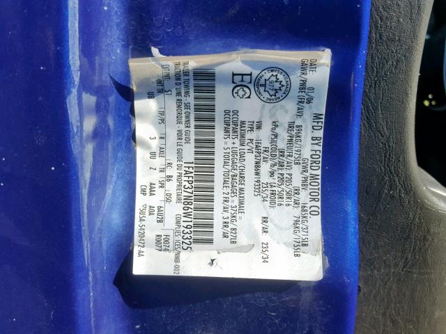 1FAFP37N86W193325 - 2006 FORD FOCUS ZX5 BLUE photo 10