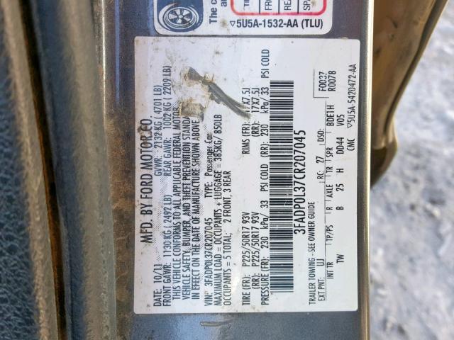 3FADP0L37CR207045 - 2012 FORD FUSION HYB GRAY photo 10