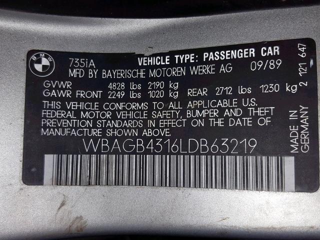 WBAGB4316LDB63219 - 1990 BMW 735 I AUTO SILVER photo 10