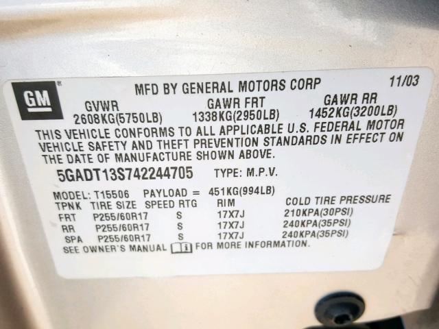 5GADT13S742244705 - 2004 BUICK RAINIER CX BEIGE photo 10