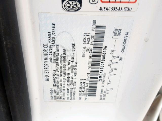 2FMDA51605BA08406 - 2005 FORD FREESTAR S WHITE photo 10