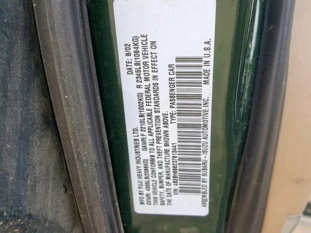 4S3BH686237613441 - 2003 SUBARU LEGACY OUT GREEN photo 10