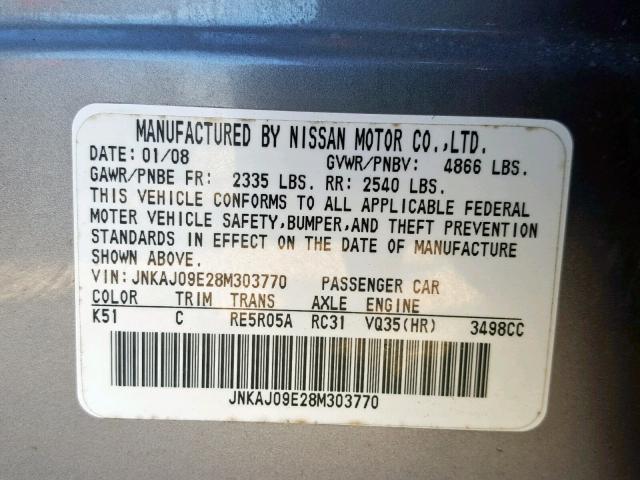 JNKAJ09E28M303770 - 2008 INFINITI EX35 BASE SILVER photo 10