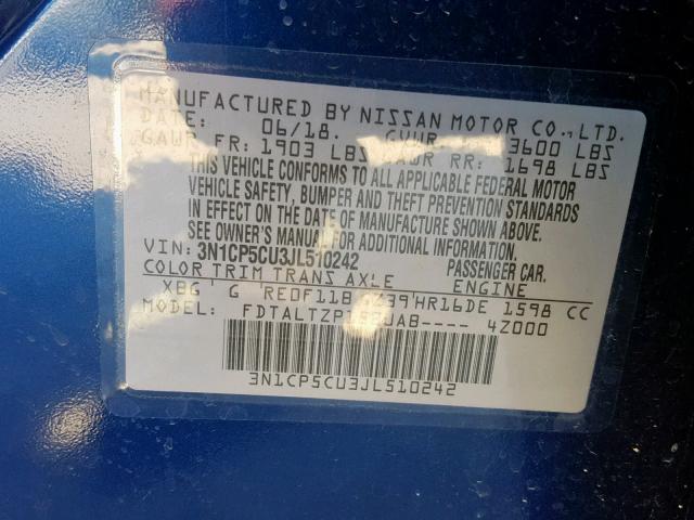 3N1CP5CU3JL510242 - 2018 NISSAN KICKS S BLUE photo 10