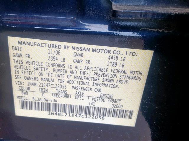 1N4BL21E47C122056 - 2007 NISSAN ALTIMA 3.5 BLUE photo 10