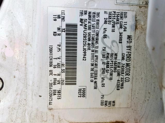 5LMFU28525LJ09942 - 2005 LINCOLN NAVIGATOR 白色 照片 10