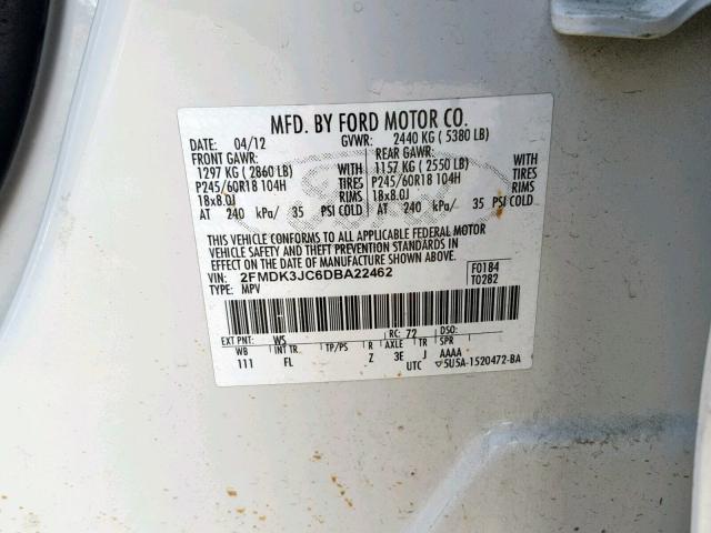 2FMDK3JC6DBA22462 - 2013 FORD EDGE SEL WHITE photo 10