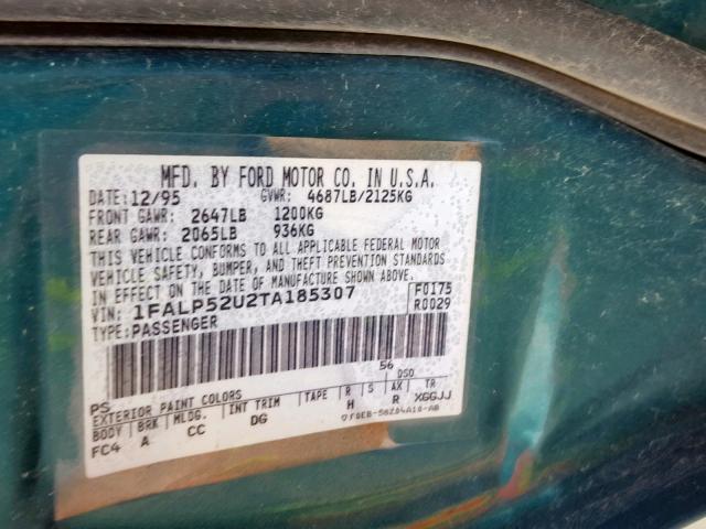 1FALP52U2TA185307 - 1996 FORD TAURUS GL TEAL photo 10