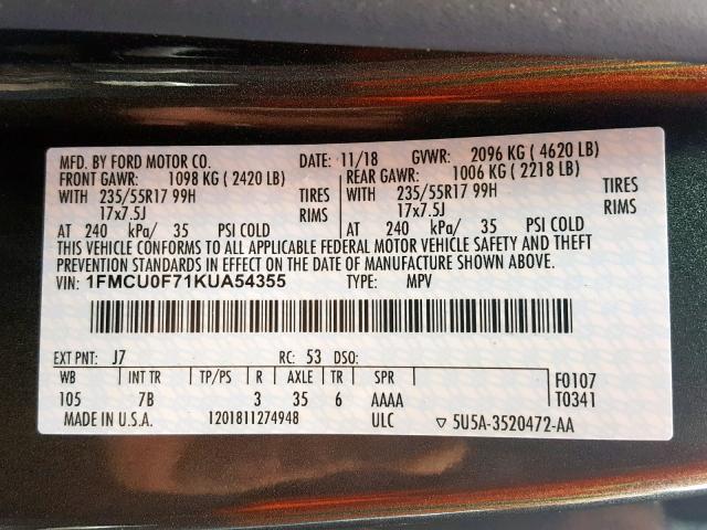 1FMCU0F71KUA54355 - 2019 FORD ESCAPE S SILVER photo 10