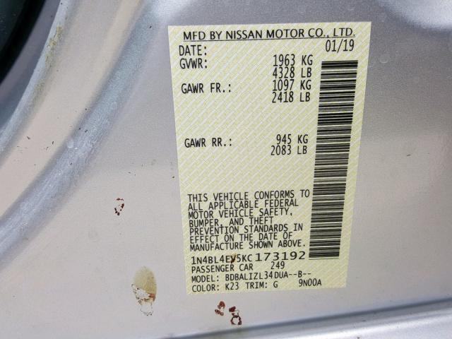 1N4BL4EV5KC173192 - 2019 NISSAN ALTIMA SL SILVER photo 10