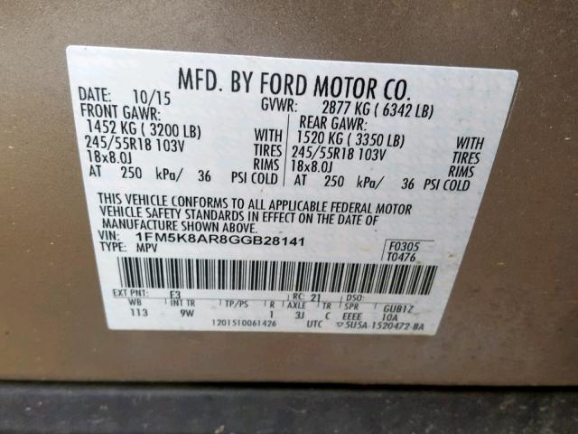 1FM5K8AR8GGB28141 - 2016 FORD EXPLORER P TWO TONE photo 10