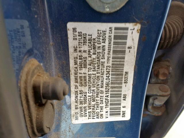 1HGFA16256L043473 - 2006 HONDA CIVIC DX BLUE photo 10