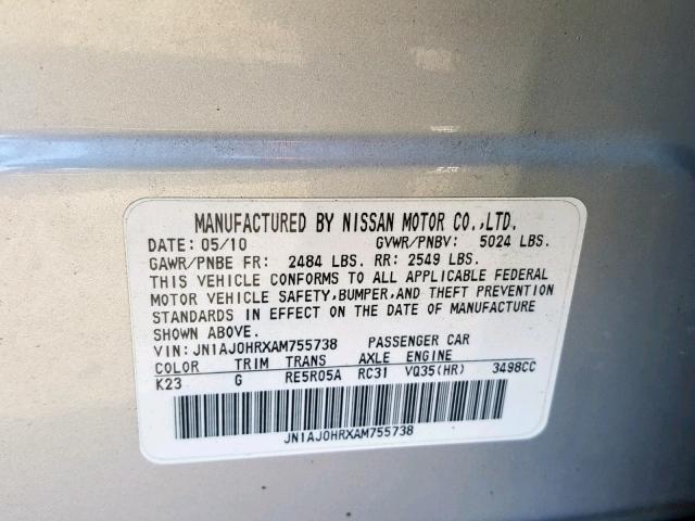 JN1AJ0HRXAM755738 - 2010 INFINITI EX35 BASE SILVER photo 10