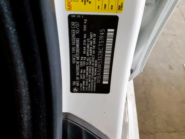 WBANW53528CT51945 - 2008 BMW 550 I WHITE photo 10