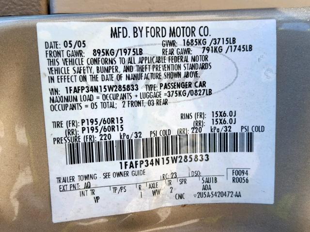1FAFP34N15W285833 - 2005 FORD FOCUS ZX4 GOLD photo 10