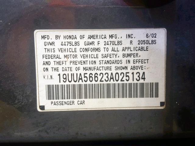 19UUA56623A025134 - 2003 ACURA 3.2TL GRAY photo 10