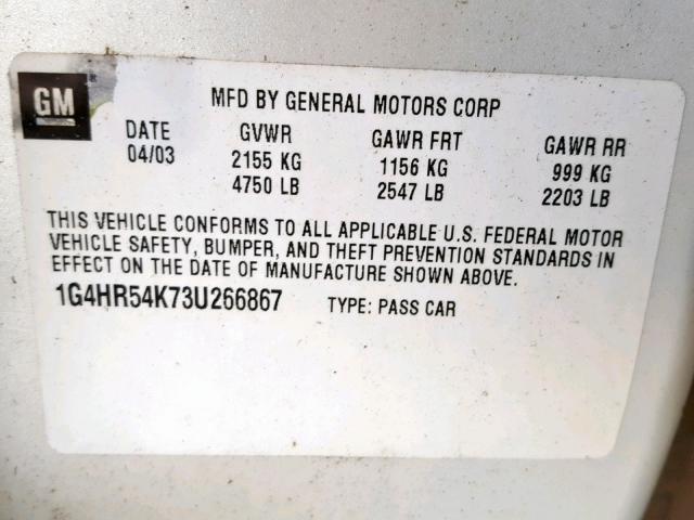 1G4HR54K73U266867 - 2003 BUICK LESABRE LI WHITE photo 10