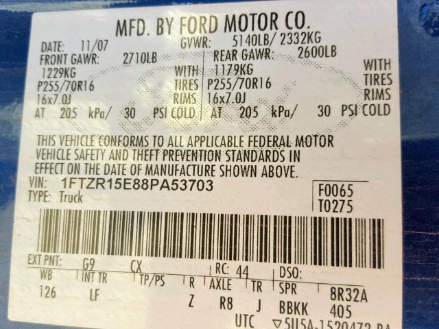 1FTZR15E88PA53703 - 2008 FORD RANGER SUP BLUE photo 10