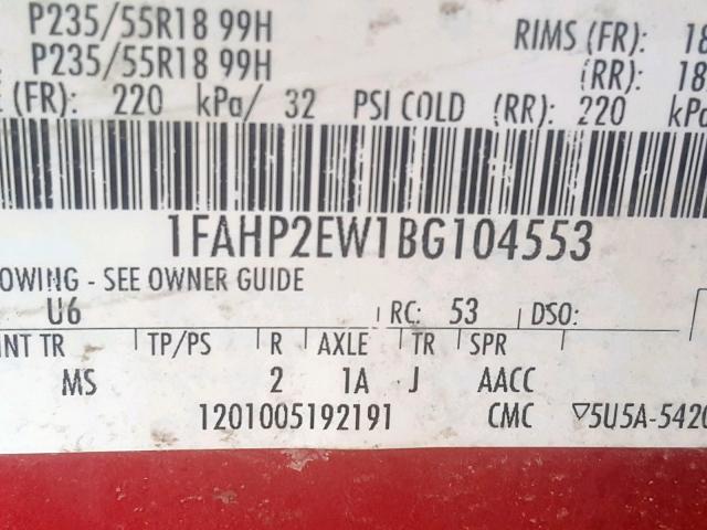 1FAHP2EW1BG104553 - 2011 FORD TAURUS SEL RED photo 10