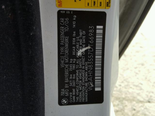 WBAHN83557DT66983 - 2007 BMW 750 WHITE photo 10