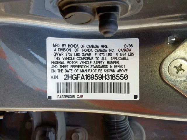 2HGFA16959H318550 - 2009 HONDA CIVIC EXL GRAY photo 10