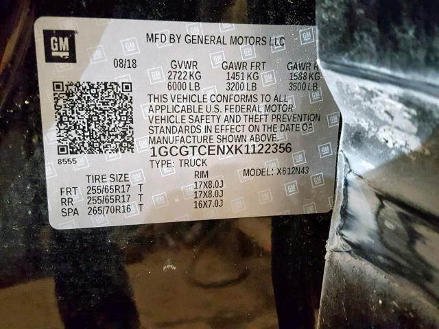 1GCGTCENXK1122356 - 2019 CHEVROLET COLORADO L BLACK photo 10