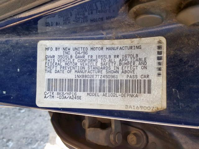 1NXBB02E7TZ450961 - 1996 TOYOTA COROLLA DX BLUE photo 10