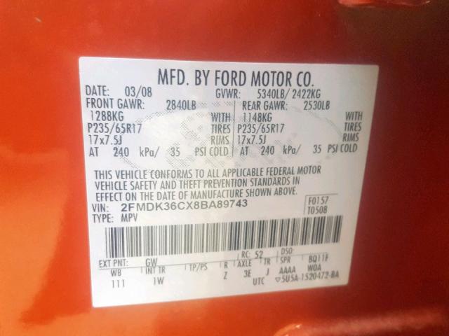 2FMDK36CX8BA89743 - 2008 FORD EDGE SE ORANGE photo 10