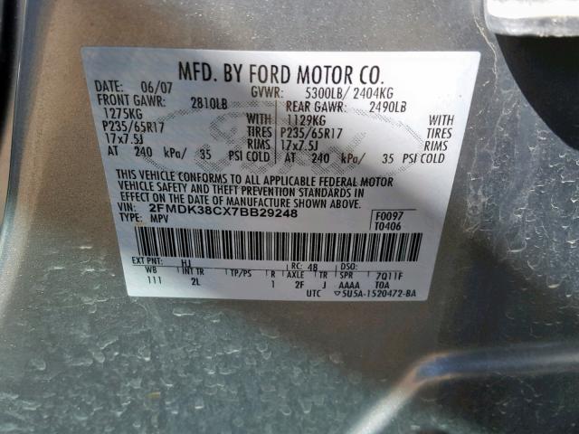 2FMDK38CX7BB29248 - 2007 FORD EDGE SEL SILVER photo 10