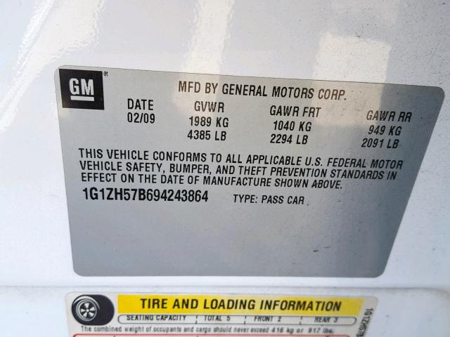 1G1ZH57B694243864 - 2009 CHEVROLET MALIBU 1LT 白色 照片 10