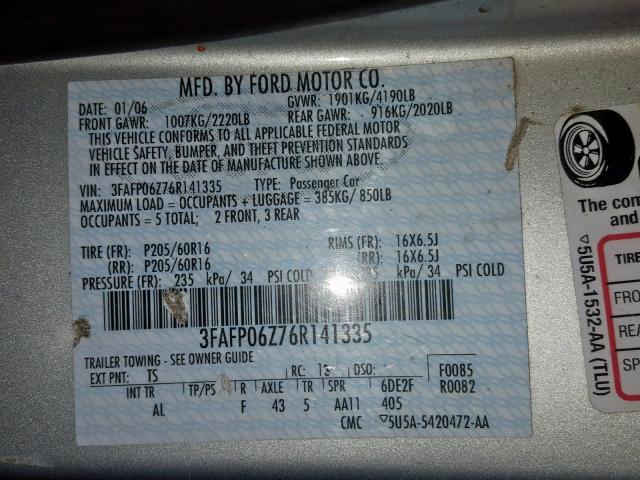 3FAFP06Z76R141335 - 2006 FORD FUSION S SILVER photo 10