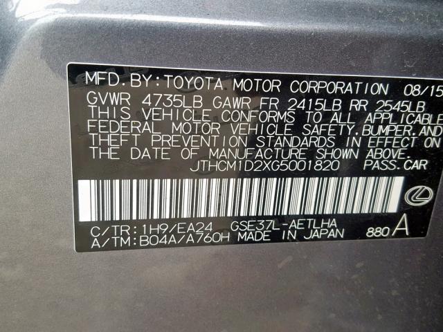 JTHCM1D2XG5001820 - 2016 LEXUS IS 300 GRAY photo 10