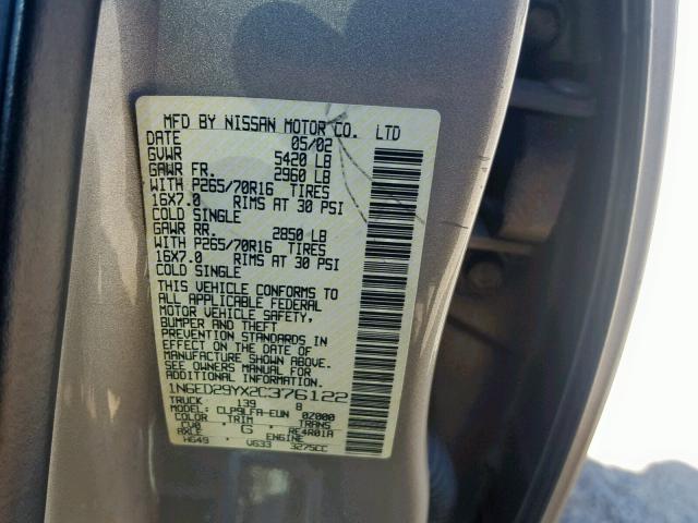 1N6ED29YX2C376122 - 2002 NISSAN FRONTIER C GRAY photo 10