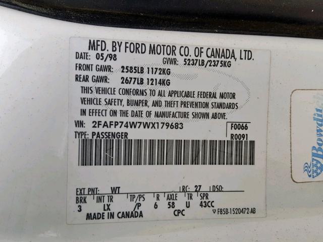 2FAFP74W7WX179683 - 1998 FORD CROWN VICT WHITE photo 10